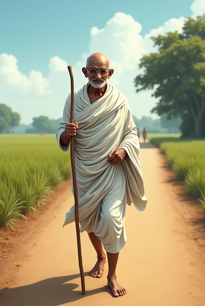 Mahatma Gandhi in traditional attire, holding a walking stick, symbolizing the Salt March.