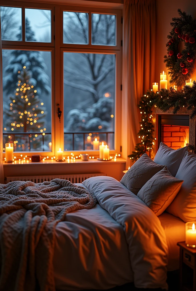 Create a super nice room with a super nice bed or a fireplace and candles everywhere. Beautiful lights outside it is snowing in the evening it is dark. It's Christmas feeling.