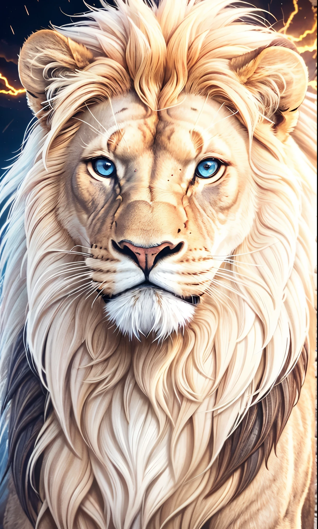 Lion, Divine Lion, naturals, thunder, Realistic Lion, rey, realistic detailed, sunset light, sky, Sol noturno, realistic detailed 16K, Eletricidade Detalhada 8k, darkness background, Texturas realistas de 8k, Cores photorrealistic 8k, fire azul, realistic detailed Fire Bolt, sky Light Detailed, Power of thunder, Divine realistic, gold color, our divine, golden light, naturey, Linda, Rendering, photorrealistic, UltraHigh definition, 4K, detailed textures, thunder, detailed shadows, detailed colors, neon blue, blue light, lightnings, blue power, naturey Linda, Great Divine, peaceful face, naturalss, lightning, Electric power screw, detailed contrast, realistic contrast, high resolution, detailed colors, fire, villany, divine creature, 8k FullHD, realistic detailed, 16K, 8k, High definition, detailed contrast, realistic contrast, high resolution, detailed colors, fire, villany, divine creature, 8k Realistic Lion Face, realistic detailed, posh, elegance
