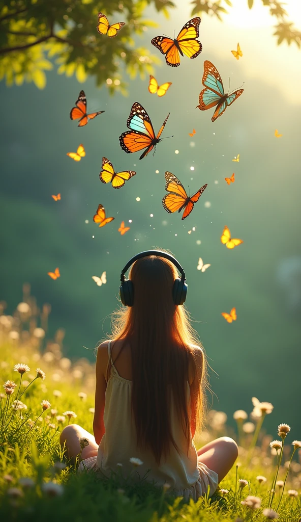 A person with headphones where the music notes are visibly floating out and transforming into colorful butterflies.