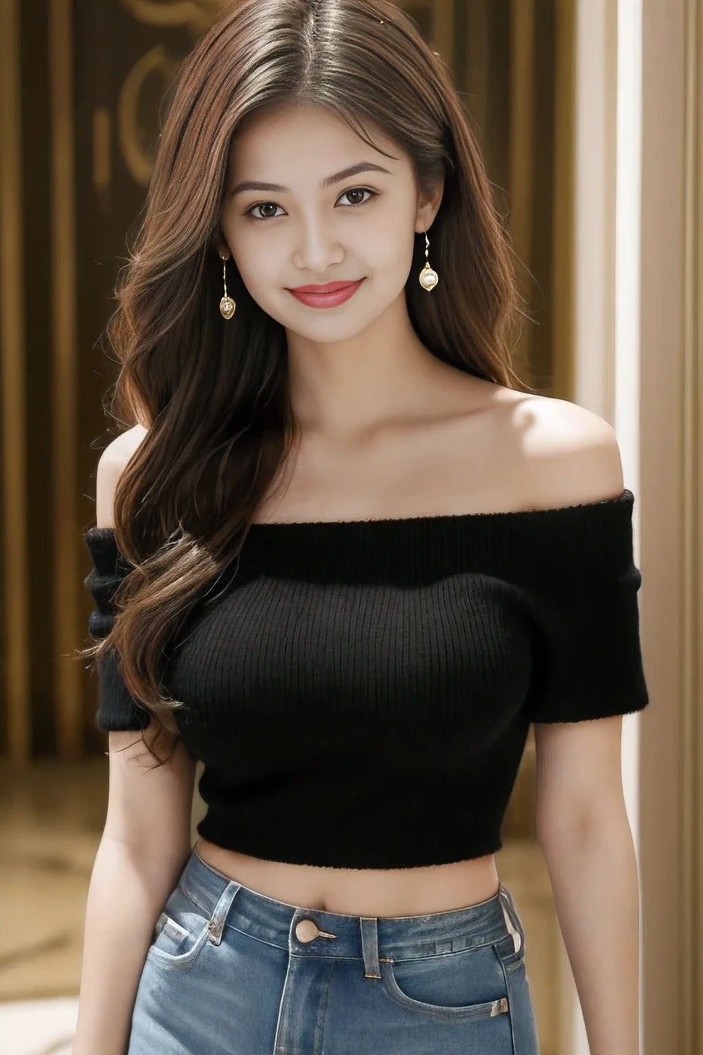 middle bust,Exquisite and beautiful eyes, (long hair:1.2), (8ก, Highest quality, Masterpiece:1.2), (realistic, realistic:1.37), very detailed, 1 woman, cute, alone, (Blush), (smile: 1.15), (gag)Jeans shorts、Black off-shoulder knitted shirt、Belly button、