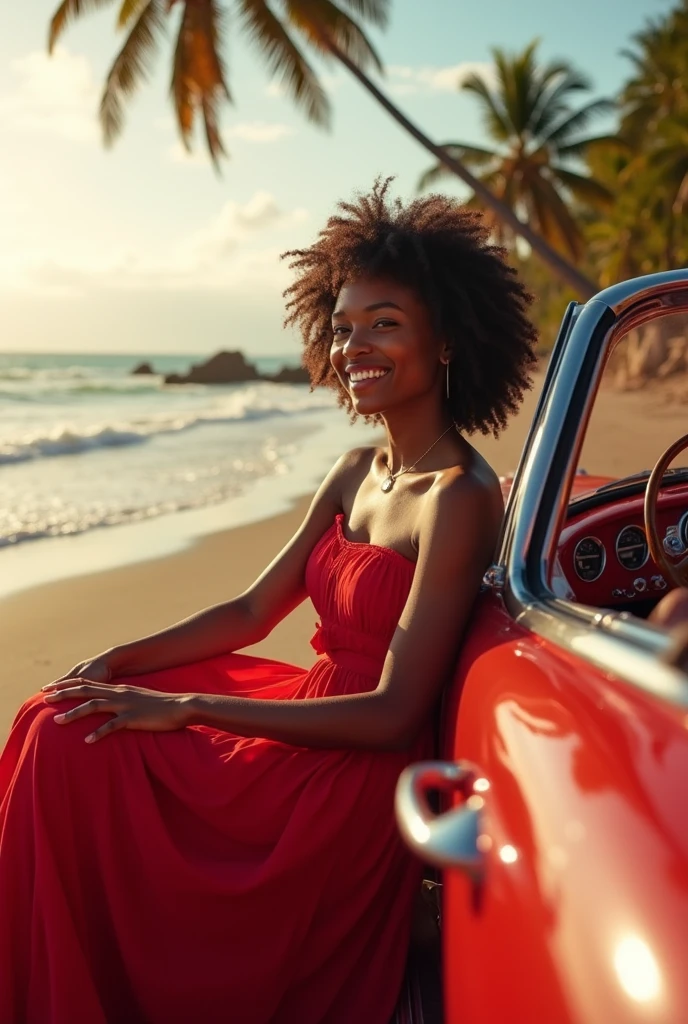 Black woman in a red dress in a car