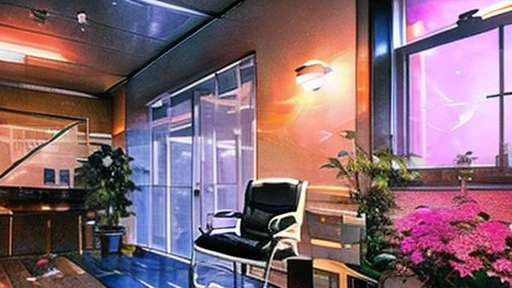 If you visit the clinic at night, you'll find flowers placed on the windows to keep the room colorful.、He is sitting in a chair, wearing a clean white coat, in a room filled with papers and equipment, with a scent that is not intrusive spreading throughout.。