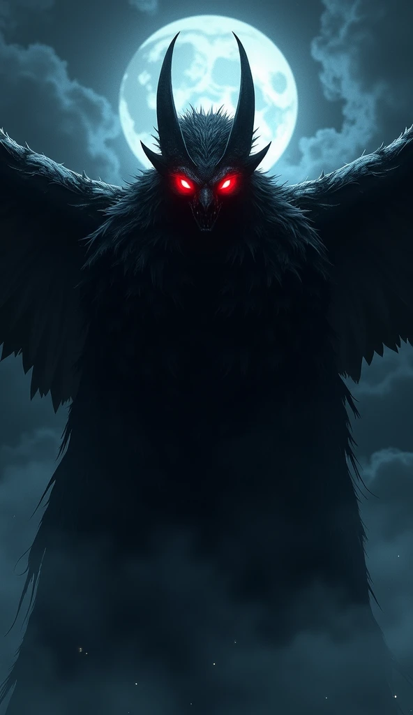 A close-up of the Mothman’s glowing red eyes, with a sense of menace and dread emanating from them.