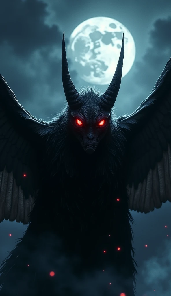 A close-up of the Mothman’s glowing red eyes, with a sense of menace and dread emanating from them.