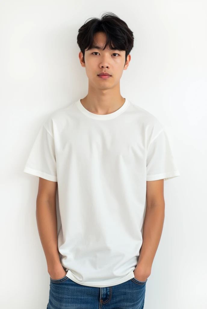 "A male university student with monolids, facing forward. He has short, dark hair and wears casual clothing suitable for a student. The expression is neutral, and the background is plain white."