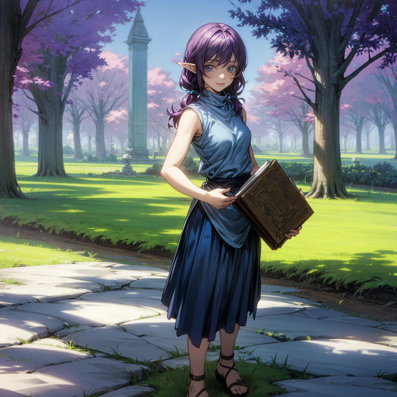 Solo character, full body version, kid girl, (elf), blue eyes, purple color hair, long Curly haircut, His hair covered his eyes, blue Sleeveless sweater, black short skirt, sandals, outdoor, town, medieval, detailed background, detailed clothing, detailed hair, standing gesture, smile mouth, book in hand, medium breast, (one piece style art, Hunter x Hunter style art), 