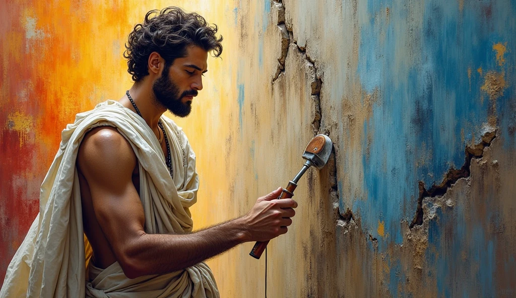 A male stoic philosopher with a well-proportioned and attractive physique, not excessively muscular. He is wearing classic tunics, slightly transparent, that gently drape over his body, subtly revealing parts of his shoulder, with a very short and well-groomed beard, and wavy, well-stylised hair. He is actively examining the crack in the wall, possibly using tools to investigate or repair it, with a determined and analytical expression. The scene is set in a vibrant, impressionist landscape with rich colors and dynamic brushstrokes, creating a sense of movement and emotion. The background has a subtle texture that adds depth but complements the text without overpowering it.”