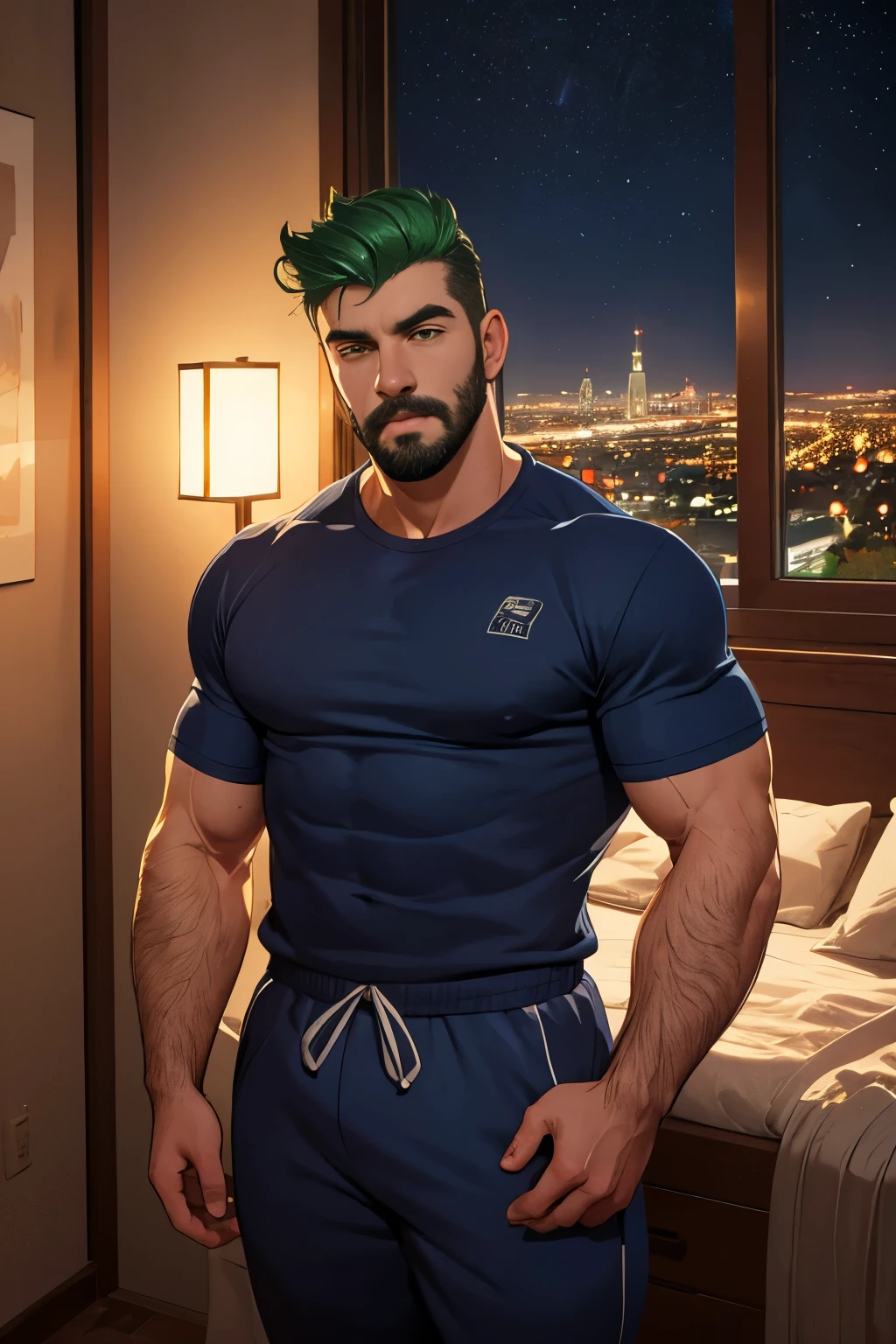 green hair ,white handsome man, 30 years old, (wearing blue sweatpants), hairy, stubble beard, robust, hunky, stocky, casual pose, detailed, masculine, daddy,  bedroom with table light, window with city in the background, starry night,sleeping in bed(best quality, 4k, 8k, high resolution, masterpiece: 1.2), detailed facial features