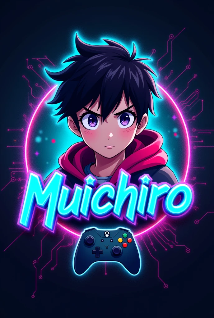 This is a gaming logo that features the name "Muichiro" in a futuristic font and a neon blue color. and Boy Anime avtar, The logo also has a stylized controller icon. The logo is designed to be attractive and eye-catching, and to appeal to gaming enthusiasts - make a picture in this topic