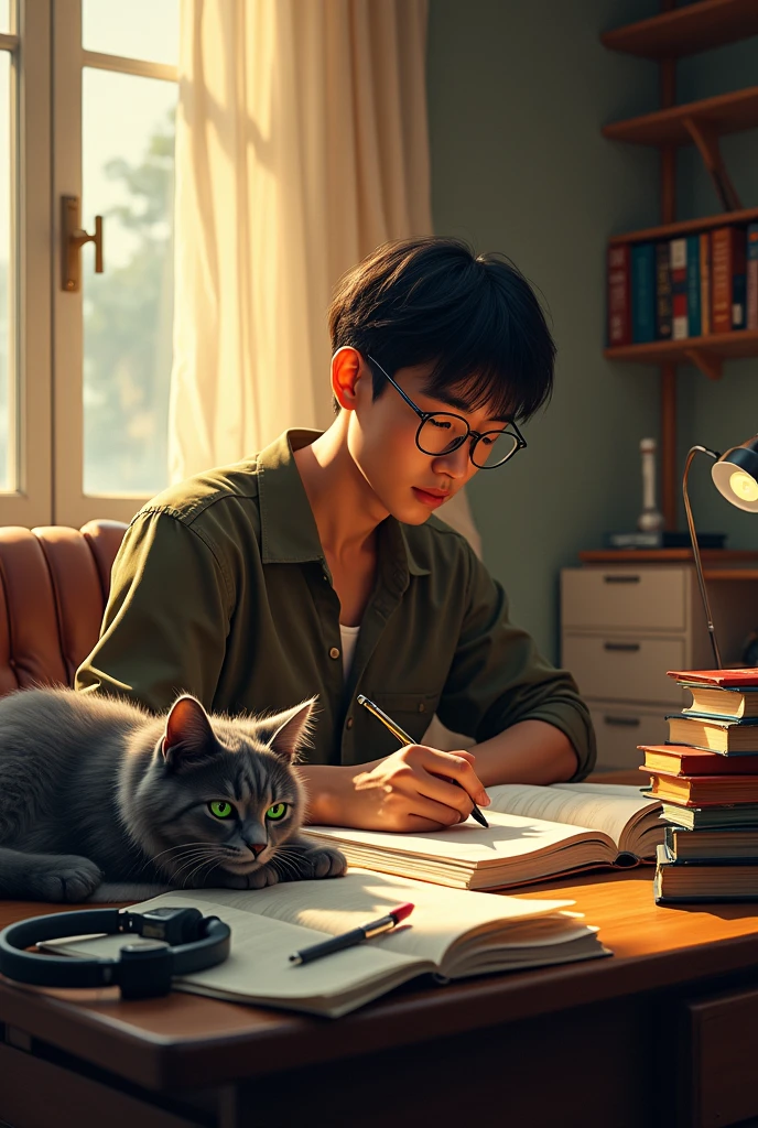 One asian man writing notes. A cat . Some books and a headphone