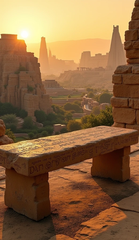 "Create an image of an ancient and sturdy stone bench in the foreground, set in an environment that evokes the Babylonian Empire. The background should depict the grandeur of ancient Babylon, with iconic elements like the Walls of Babylon, the Hanging Gardens and the city's majestic architecture. Add details like cuneiform inscriptions, imposing temples and a golden sunset sky to give a sense of historical and cultural richness. The stone bench should serve as a point of contemplation, placing the viewer in the midst of the magnificence of ancient Babylon."