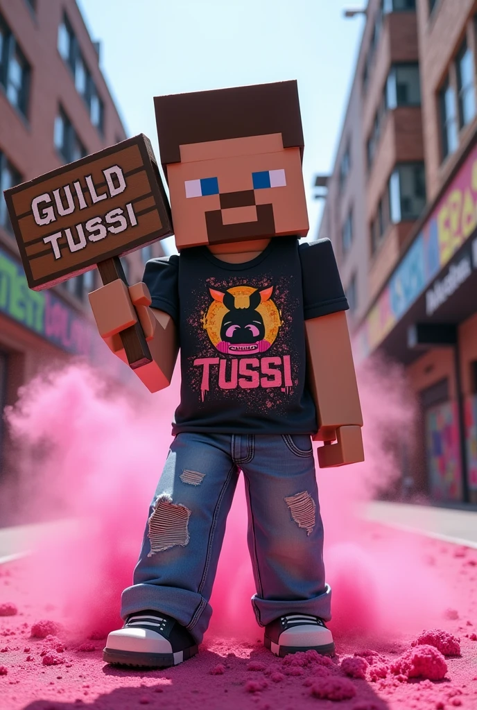 generate a minecraft steve (the skin) with street clothes flow. 
 holding a sign that says GUILD TUSSI in the middle and pink powders 