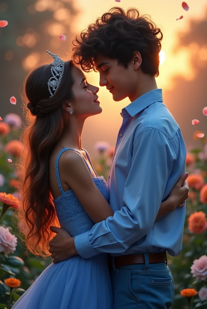 romantic pose of girl and boy in blue dresses