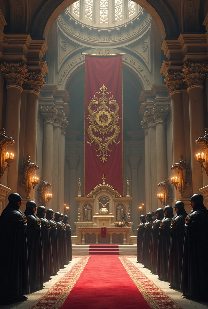 In a majestic and imposing environment, the scene is dominated by a large castle hall, with sturdy stone walls and tall columns that support a grand ceiling. At the center, a high altar is adorned with a royal coat of arms, representing the emblem of the Order. Around the altar, fourteen dragon knights are positioned in solemn formation.

The Knights, clad in black armor ornamented with white fabrics, they are equipped with swords of black blade, each forged by dragons. Their armor shines under the soft light emanating from crystal chandeliers hanging along the walls. They are in a moment of prayer, kneeling and with heads bowed, performing the traditional oath to the king.

The atmosphere is filled with an atmosphere of reverence and solemnity, with a background decorated by tapestries depicting historical and mythological scenes of the Order. At one end, there is a banner with the Order's motto, written in golden letters: "For the Glory of the King". The Dragons, in an artist's rendering, are on display on the sides, with their imposing and majestic figures, symbolizing the eternal connection with their knights.

The image conveys a profound sense of tradition, honor and devotion, reflecting the importance and prestige of the Order of Dragon Knights in the kingdom of Eldoria.