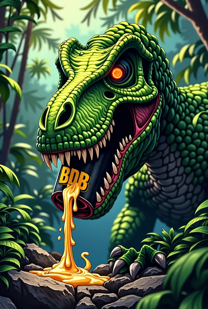green t-rex skull, having a can of beer in is mouth, canette color is black, writing BDB on it, teeth stuck in the can, du liquide jaune claire coule de chaque coté de la canette, small sign of smoke coming out of the nostrils, angry eyes orange and red and frowning eyebrows apparence cartoon, a pupille dilatée noir, fond à l'arrière type jungle, la tête du t-rex sort de plusieurs buissons, can of beer is horizontal in the mouth, vision du t-rex depuis l'avant, il a ses griffes posées sur un rocher en dessous de sa tête et de la bière coule sur le rocher, la canette est à plat dans sa bouche