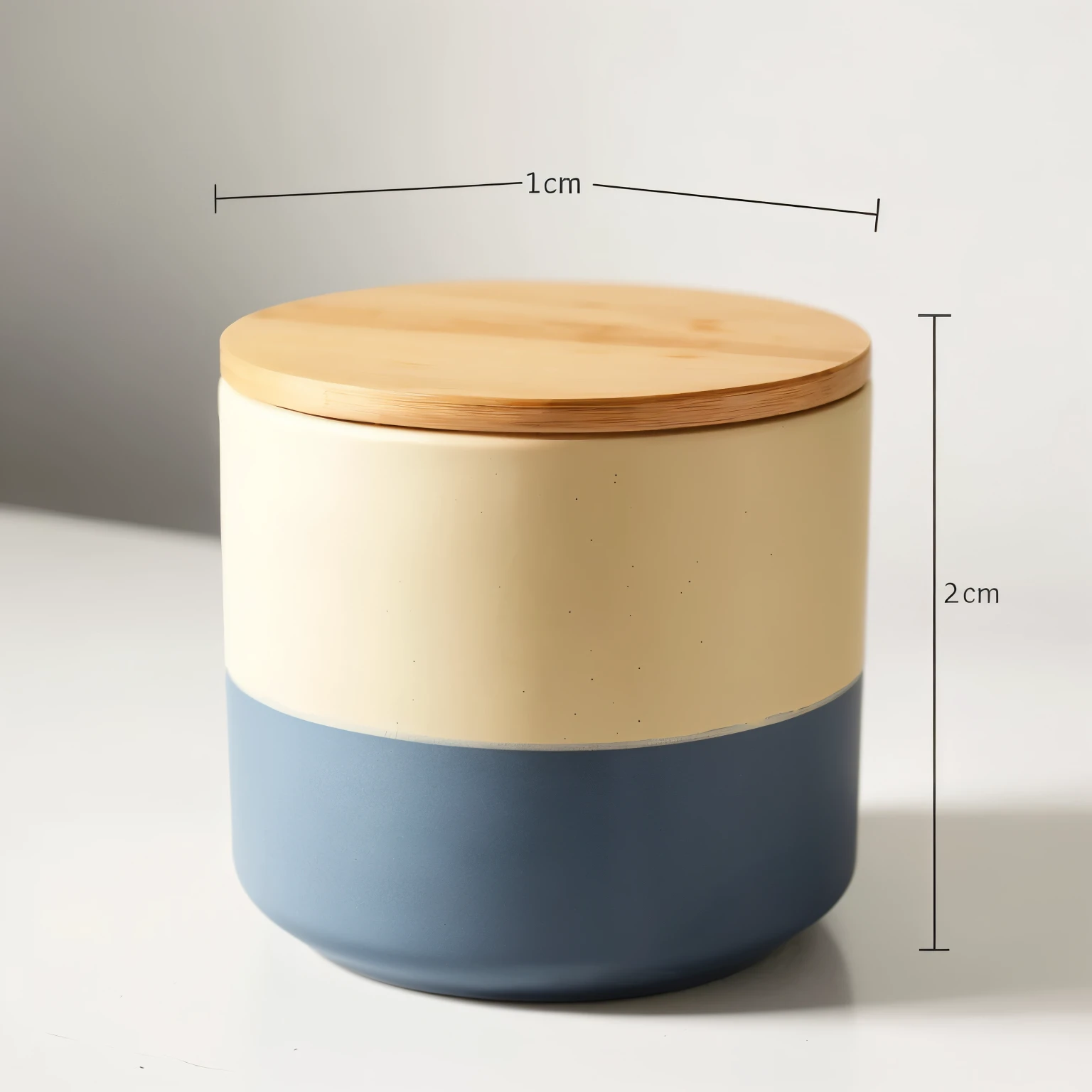 Create a high-resolution image of a modern ceramic canister with a height of 15 cm and a diameter of 10 cm. The canister should have a smooth, cylindrical shape with a precise two-tone matte color scheme. The top half of the canister should be an matte burgundy color, while the bottom half should be a matte navy blue . The color transition should occur exactly at the midpoint of the canister. The canister should have a matte finish with smooth edges and a flat bottom for stability. The lid should be crafted from natural bamboo wood, measuring 2 cm in thickness, with a diameter that matches the canister's width. The bamboo lid should have a flat top with subtle grain patterns visible. the top of the lid is flat .The overall design should emphasize minimalism, simplicity, and functionality