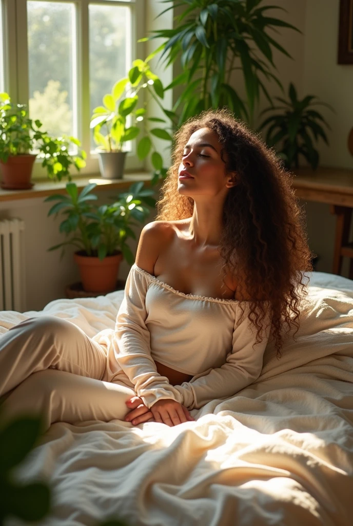 (photorealism:1.2), beautiful woman, sitting on bed, wearing loose off-shoulder top, pajama pants, long curly hair, indoors, soft lighting, plants in background, window with sunlight, cozy room, relaxed pose, realistic, intricate details, warm colors, by Greg Rutkowski, by Alphonse Mucha