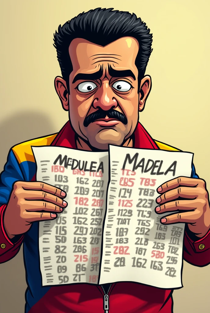 "Create a cartoon of Nicolás Maduro, where he is holding electoral tally sheets from the CNE. The tally sheets should clearly appear fake, with blurred or poorly written numbers and text. Nicolás Maduro should have large dark circles under his eyes, showing an expression of extreme fear and worry. His face should reflect exhaustion and tension, with exaggerated and comic features. The background can be simple, emphasizing Maduro's figure and the details in the tally sheets."