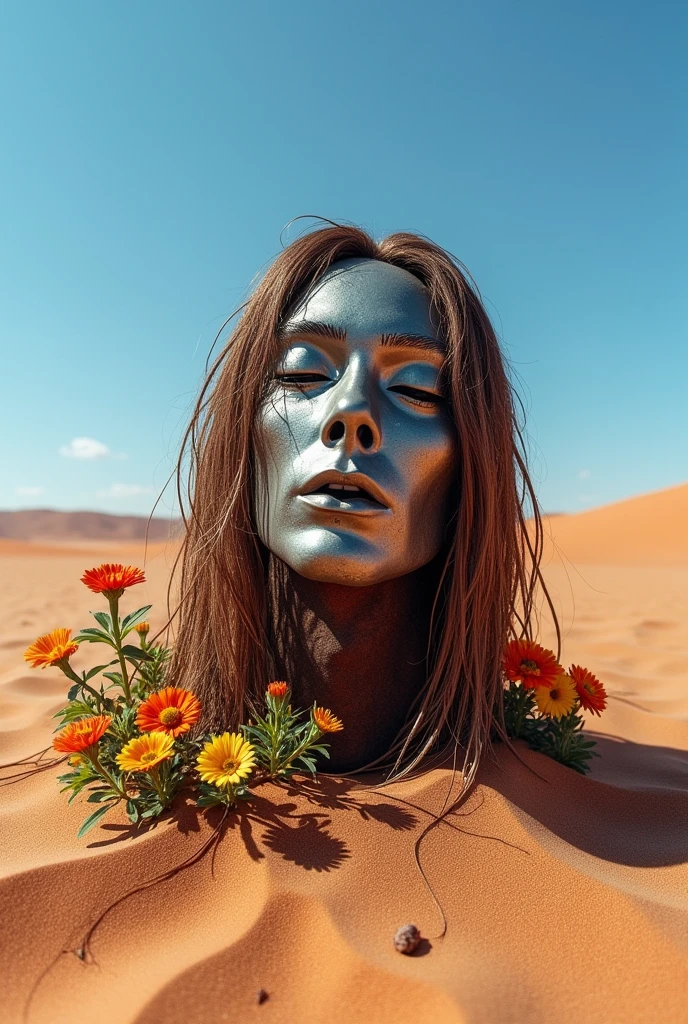 I want an image of a man's metal head with long hair and closed eyes., scared abandoned , deteriorated and covered in sand in the desert with flowers 