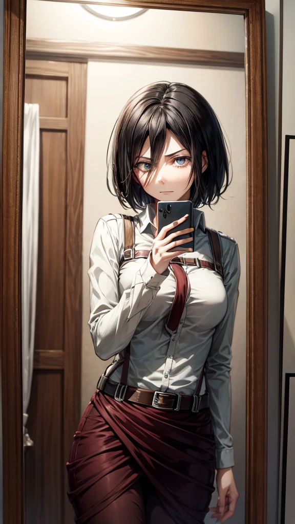 mikasa ackerman taking selfie of herself looking into the mirror