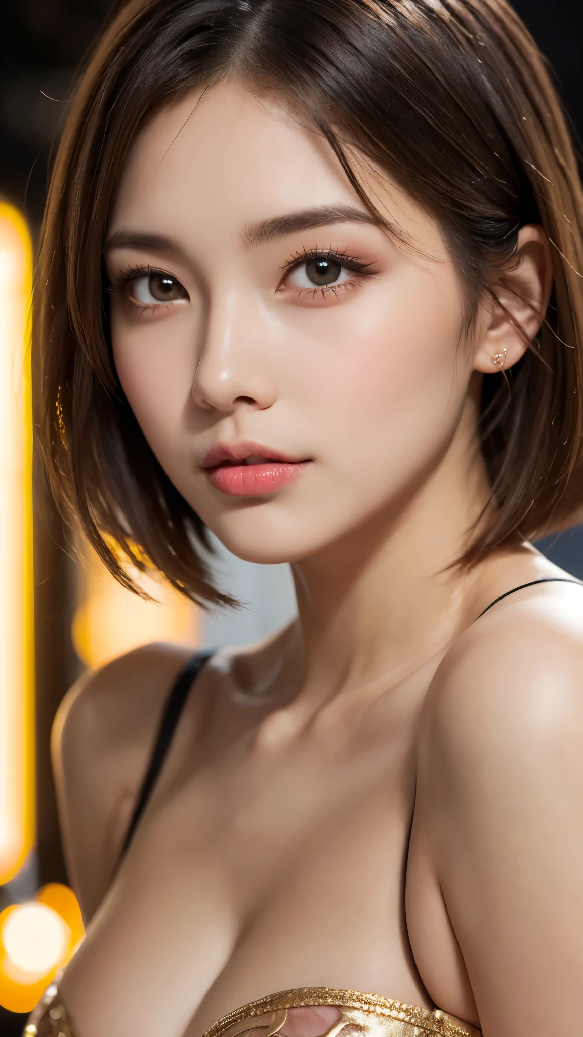 (photorealistic, 32k, RAW photo, best quality: 1.5), (masterpiece:1.3), (absurdres, attractive, ultra high resolution, ultra realistic, highly detailed, golden ratio, ultra detailed, super fucking beautiful detailed face), natural makeup, detailed cloth texture, detailed hair texture, beautiful detailed fullbody, Perfect female body, accurate, Anatomically correct, Highly detailed face and skin texture, (beautiful hands), (realistic skin), (beautiful pale skin:1.1), (Perfect dynamic composition, looking at viewer), (cowboy shot:1.3), (Cabaret Showgir:1.6),
BREAK,
realistic eyes, beautiful detailed eyes, symmetric eyes, Light Brown eyes, Double eyelids, Thin eyebrows, (Glossy lips:1.4), ((A face with waiting for a kiss:1.2)), (blush:1.1),
BREAK,
((short hair, bob, Dark blonde hair, bangs:1.2)),