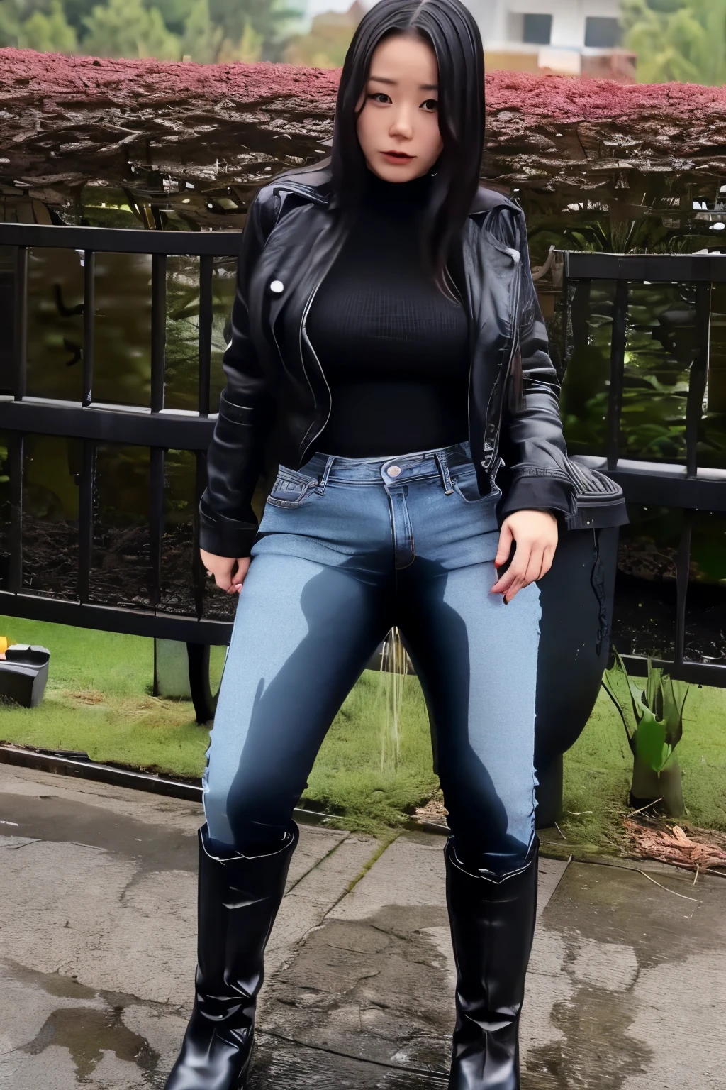 Chinese Girl thin body sees the ghost and pees her tight jeans and black martin boots until his pants are wet pants in fright.
