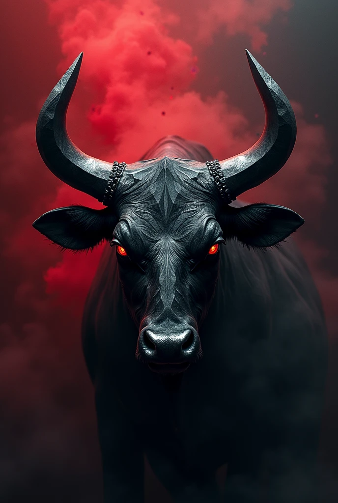 drawing of the top of a bull's head that looks like a devil, geometrized, viewed by someone taller looking down