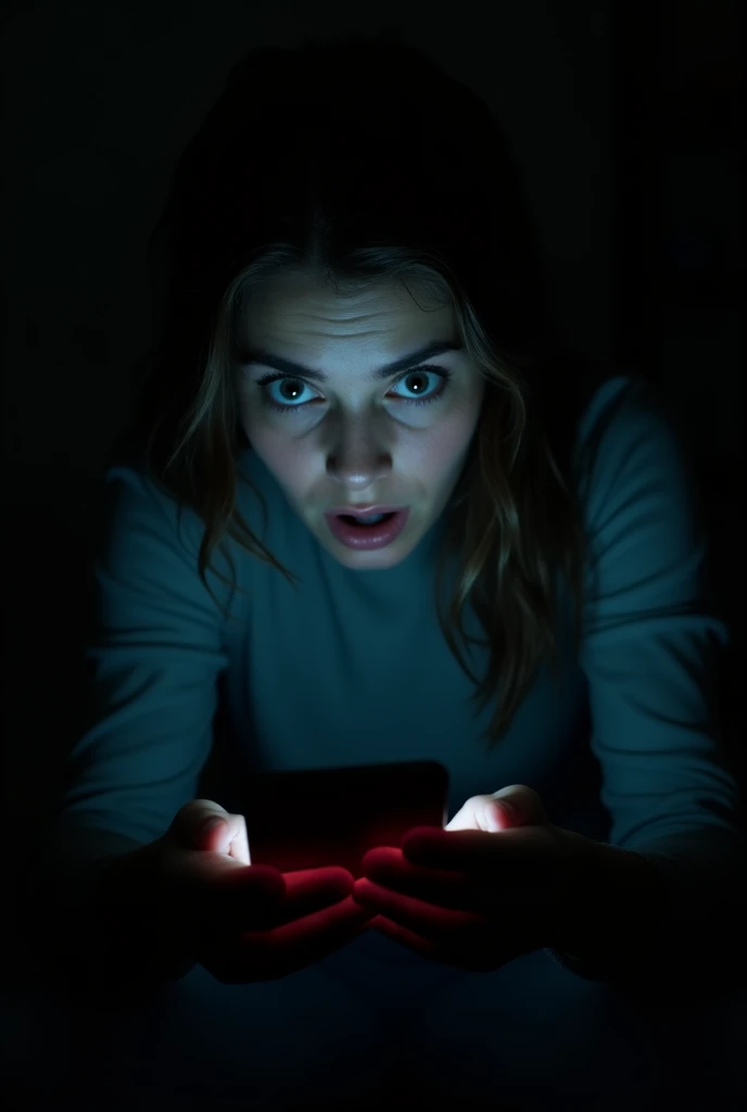 A person staring intensely at a smartphone screen in a dark environment, with their face illuminated by the glow of the screen. The expression is a mix of denial and surprise, highlighting the realization of being hooked