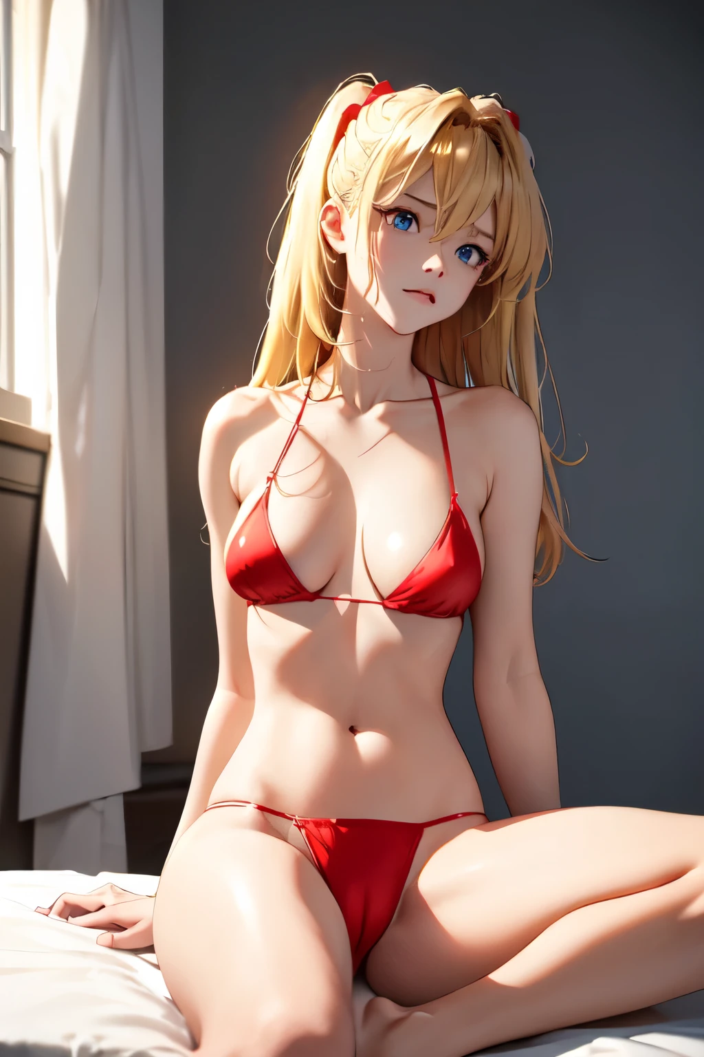 (masterpiece, best quality), 1girl, beautiful face, beautiful body, souryuu_asuka_langley, hair between eyes, solo, bright expression, natural small breast, cleavage, slim, thin, tall, blonde reflected light, red bikini, collarbone, silky shiny skin, see through nipple, high resolution, sitting, perfect detailed anatomy, perfect arms, perfect fingers, navel, spread legs, soft light, white bed, white background