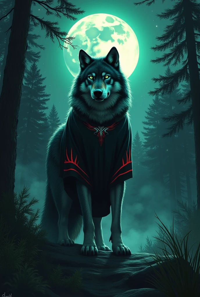 A strong wolf wearing a black shirt with red and white details.