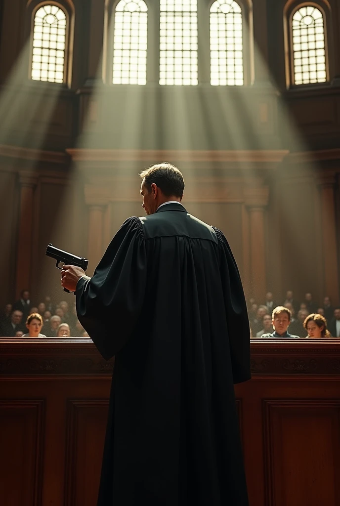 A judge holding a gun aiming
