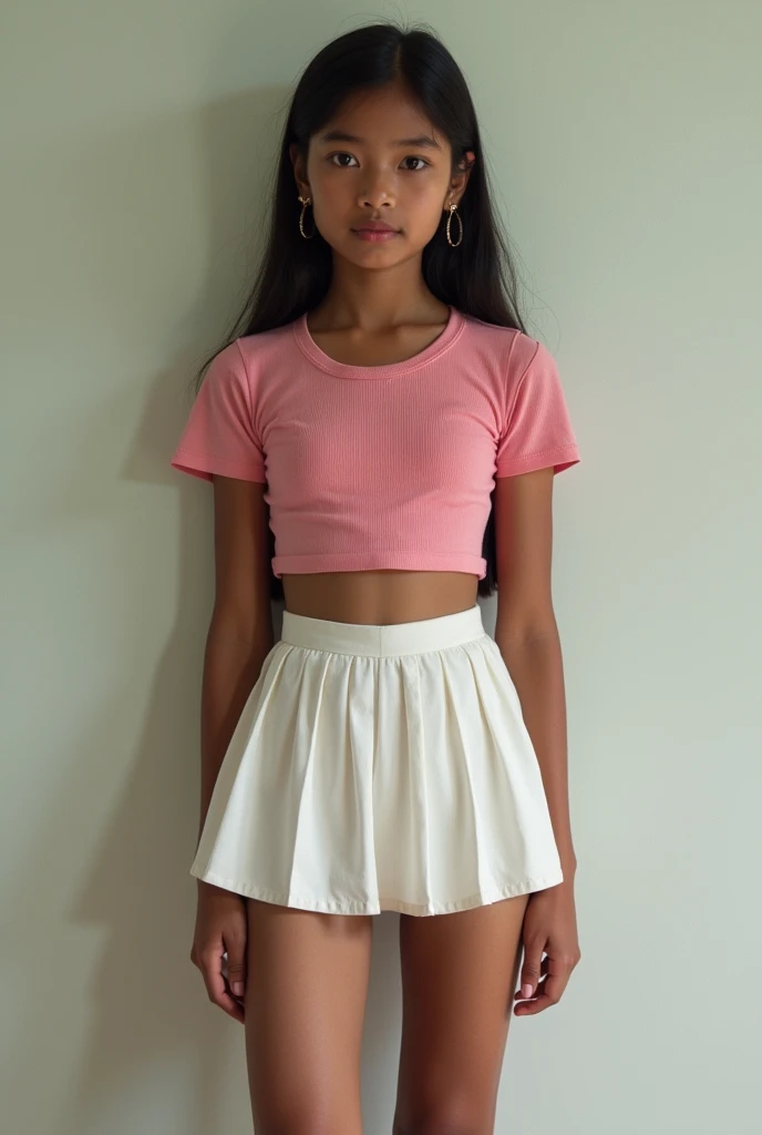 realistic image of sri lankan school girl , wearing a white mini skirt, pantie visible, long legs visible, pink crop top, skinny body