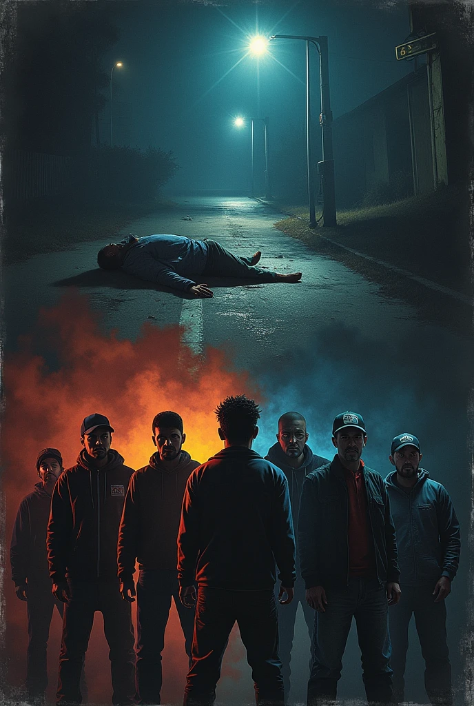 The cover of a book.
Divided into two halves.
In the lower half, 7 men around 27 years old, and in the background, the lights of a police patrol.
And in the upper half a corpse.