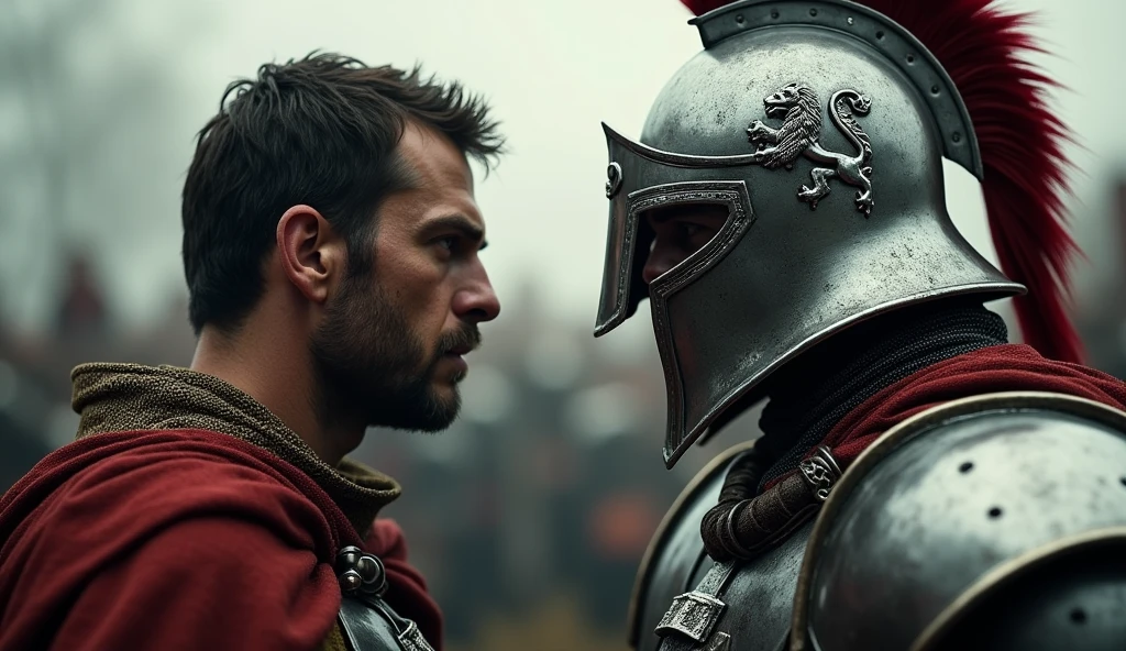 A highly realistic, high-contrast, 8K HD, detailed, hyper-detailed image depicting an intense standoff between the protagonist and the enemy general from the Lion army. The protagonist, a Crusader knight, is not wearing a helmet, revealing his determined and fierce expression as he faces his foe. The enemy general, clad in steel armor with a lion emblem and a helmet fully covering his face, stands directly opposite the protagonist, their faces inches apart in a tense and powerful confrontation. The atmosphere is charged with anticipation, as both warriors prepare for battle. The dramatic lighting highlights the detailed armor and the intense emotions of the scene, with the two figures locked in a moment of high tension. The image is of the highest quality, with ultra-high resolution, RAW photo quality, and Unreal Engine rendering, capturing the dramatic face-off between the protagonist and the enemy general.
