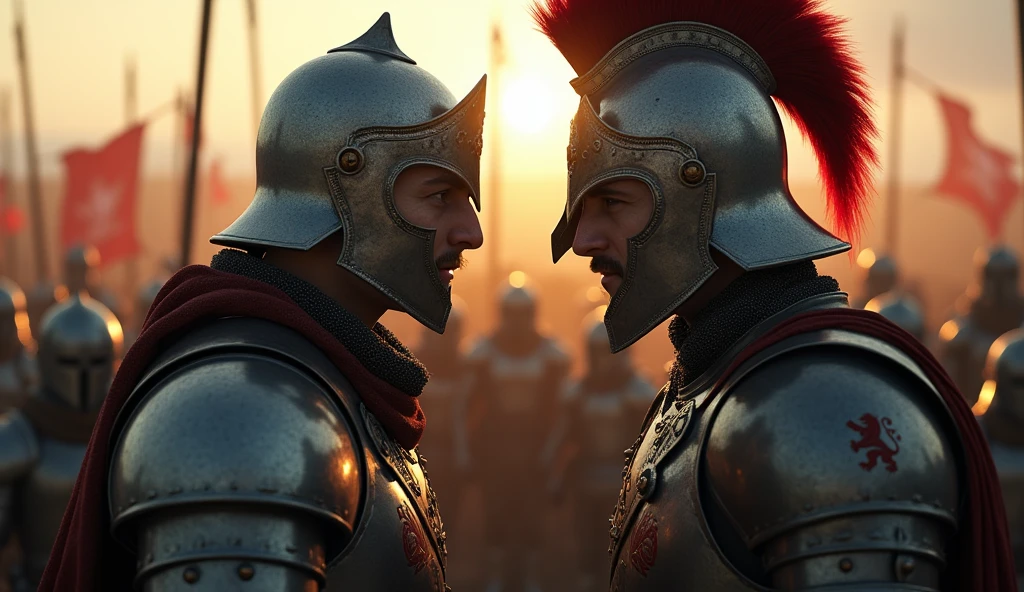 A highly realistic, high-contrast, 8K HD, detailed, hyper-detailed image depicting an intense standoff between the protagonist and the enemy general from the Lion army. The protagonist, a Crusader knight, is not wearing a helmet, revealing his determined and fierce expression as he faces his foe. The enemy general, clad in steel armor with a lion emblem and a helmet fully covering his face, stands directly opposite the protagonist, their faces inches apart in a tense and powerful confrontation. The atmosphere is charged with anticipation, as both warriors prepare for battle. The dramatic lighting highlights the detailed armor and the intense emotions of the scene, with the two figures locked in a moment of high tension. The image is of the highest quality, with ultra-high resolution, RAW photo quality, and Unreal Engine rendering, capturing the dramatic face-off between the protagonist and the enemy general.