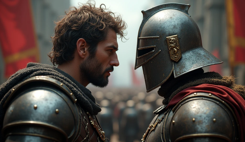 A highly realistic, high-contrast, 8K HD, detailed, hyper-detailed image depicting an intense standoff between the protagonist and the enemy general from the Lion army. The protagonist, a Crusader knight, is not wearing a helmet, revealing his determined and fierce expression as he faces his foe. The enemy general, clad in steel armor with a lion emblem and a helmet fully covering his face, stands directly opposite the protagonist, their faces inches apart in a tense and powerful confrontation. The atmosphere is charged with anticipation, as both warriors prepare for battle. The dramatic lighting highlights the detailed armor and the intense emotions of the scene, with the two figures locked in a moment of high tension. The image is of the highest quality, with ultra-high resolution, RAW photo quality, and Unreal Engine rendering, capturing the dramatic face-off between the protagonist and the enemy general.
