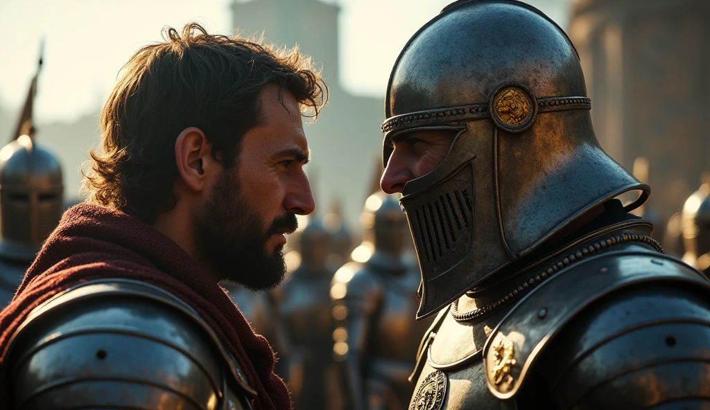 A highly realistic, high-contrast, 8K HD, detailed, hyper-detailed image depicting an intense standoff between the protagonist and the enemy general from the Lion army. The protagonist, a Crusader knight, is not wearing a helmet, revealing his determined and fierce expression as he faces his foe. The enemy general, clad in steel armor with a lion emblem and a helmet fully covering his face, stands directly opposite the protagonist, their faces inches apart in a tense and powerful confrontation. The atmosphere is charged with anticipation, as both warriors prepare for battle. The dramatic lighting highlights the detailed armor and the intense emotions of the scene, with the two figures locked in a moment of high tension. The image is of the highest quality, with ultra-high resolution, RAW photo quality, and Unreal Engine rendering, capturing the dramatic face-off between the protagonist and the enemy general.

