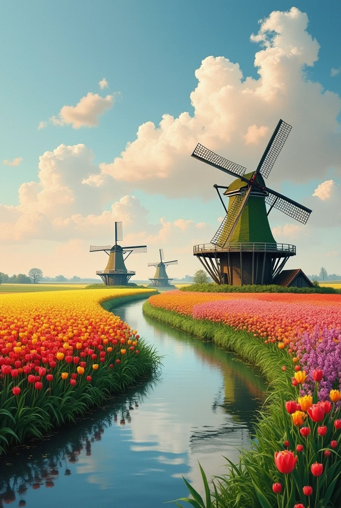 landscape with Dutch windmills painted in an impressionist style