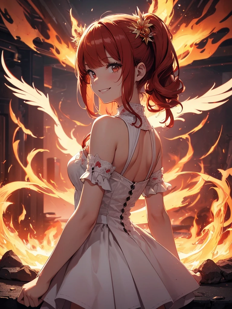 (((best quality, sharp image, clear image, cinematic lighting, 8k resolution, masterpiece, ultra detailed, intricate))) Girl, (((looking over left shoulder))), (shot from behind), ((shot from hip up)), fiery red hair, pigtails, ((white dress)), ((flaming sigils, flaming runes)), spiky rock formations, (flaming lotus flowers frame), (intricate background), ((Phoenix)), (swirling flames), smiling