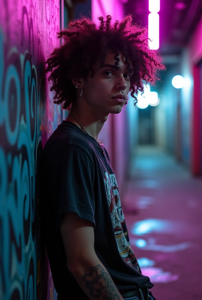 Generate a picture of an emo guy with super curly hair and a rectangular face. , big lips, with many pimples and skinny gay Chele and that he is ugly
