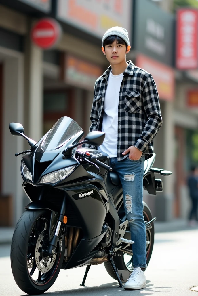 original photo of the side of a modified black Kawasaki Ninja 250 motorcycle ,There is a young man with a Korean face wearing a white t-shirt,black and white checkered flannel shirt, long blue jeans with rips, wearing white sneakers and a beanie hat, his hair is not visible, on the street in the style of a professional model, high quality