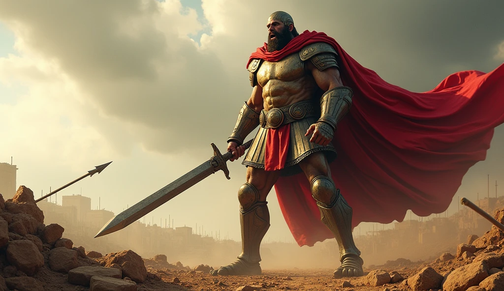 goliath, Israelite warrior, 3 meters tall, armour , red cloak, greatsword, with a spear in hand, the way you want, yelling, challenging, all Philistines