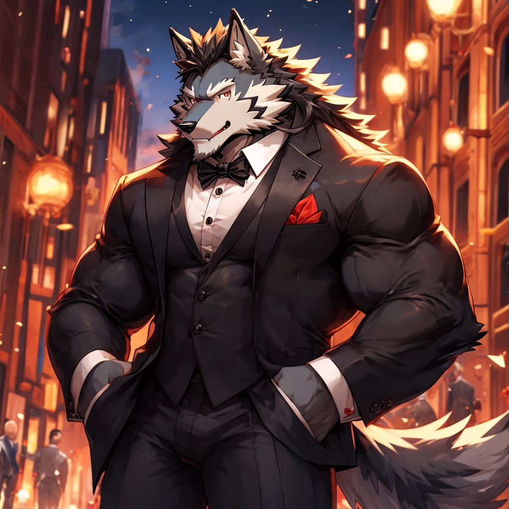 anime character, lobo, furry, muscular, Suit and tie, Black pants. AGE: 49. Complexion: Dad bod (ligeramente muscular). human fusion, furries con cola, lobo animal, long-haired humanoid fursona, fursona wearing elegant clothes, anthropomorphic wolf male, estilo furry genérico, Handsome werewolf fursona, personaje furry