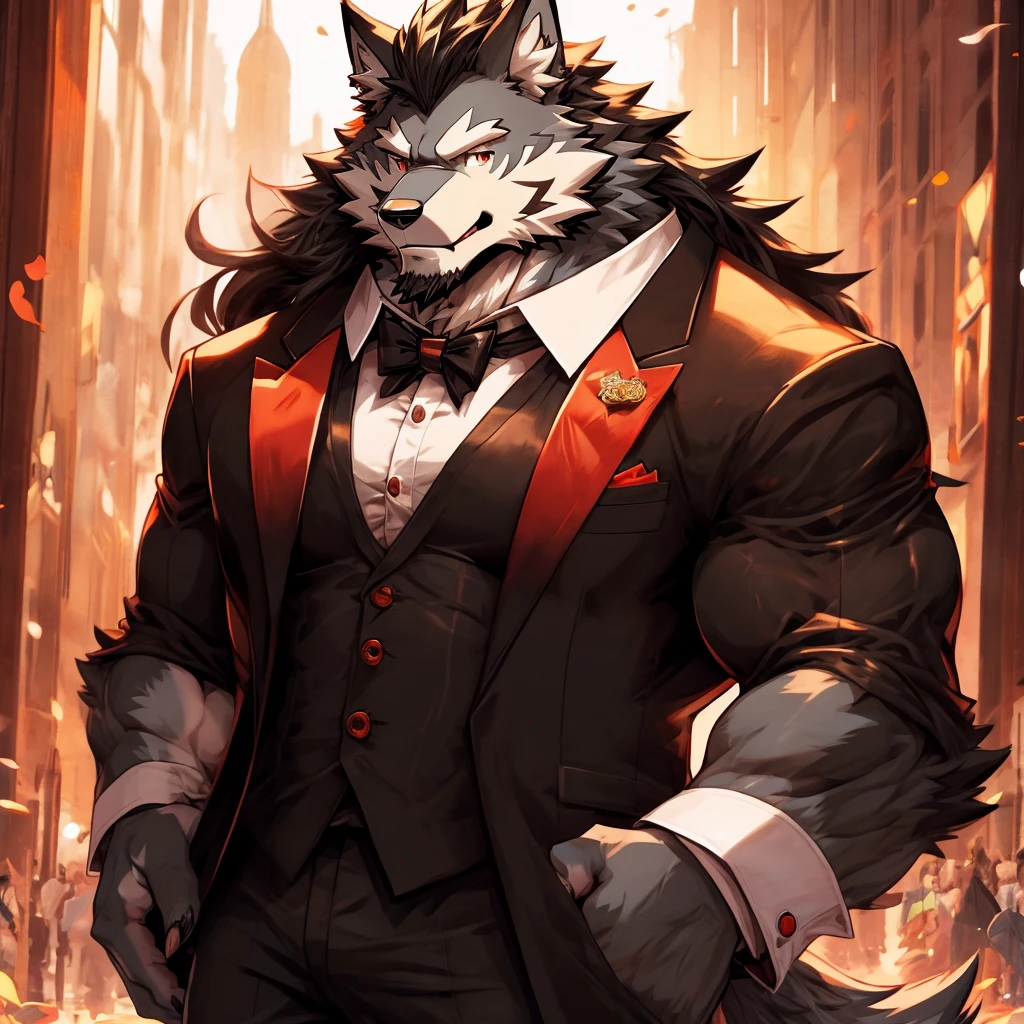 anime character, lobo, furry, muscular, Suit and tie, Black pants. AGE: 49. Complexion: Dad bod (ligeramente muscular). human fusion, furries con cola, lobo animal, long-haired humanoid fursona, fursona wearing elegant clothes, anthropomorphic wolf male, estilo furry genérico, Handsome werewolf fursona, personaje furry