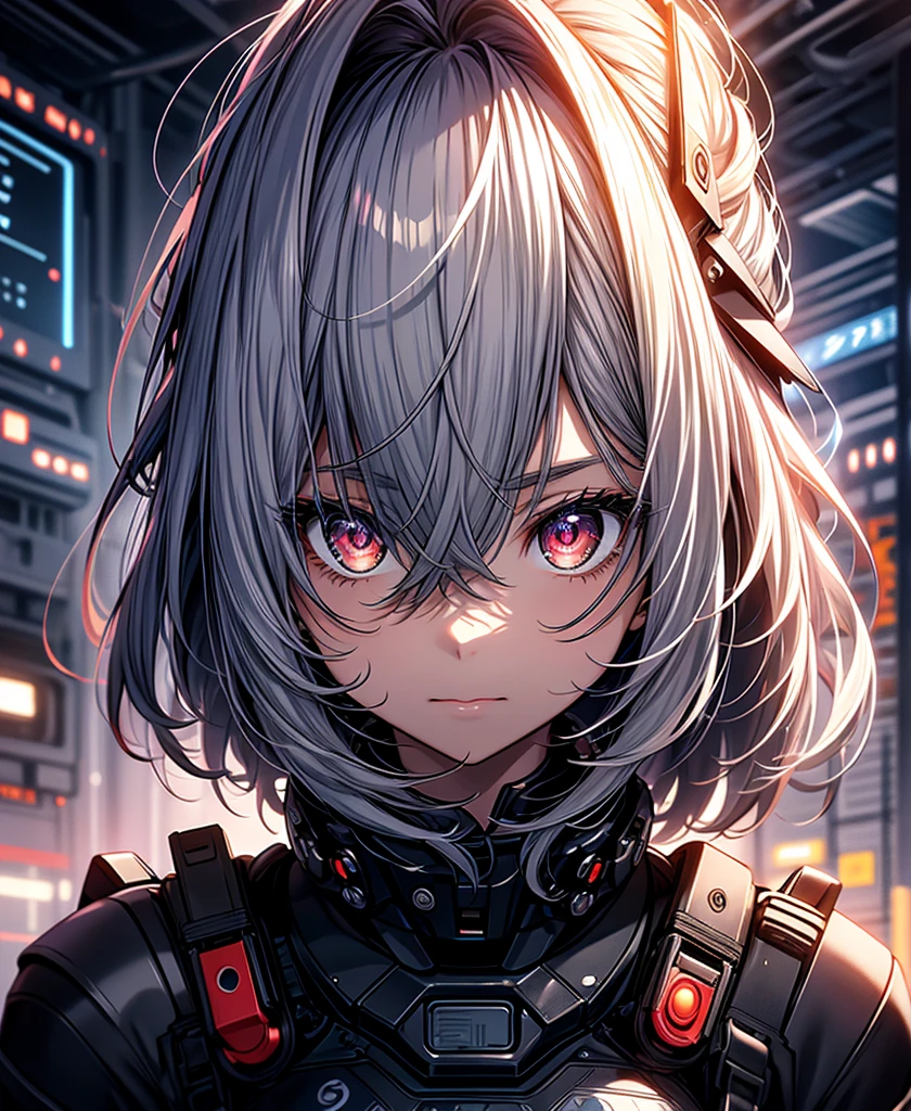 masterpiece, universeステーションの少女, universeで, window, nice, wallpaper, universeの, universe, constellation, Jupiter, Futuristic, cyber-, technology, technologynological, universe服, Cut Girl, cute, Expressive eyes, Perfect Face, Cinematic, artistic, creative, Sensual,dark, Shine, Magic. Red eyes, Shineing eyes, Cutting grey hair, wire,Embarrassing, Digital Art,4K, Trace Light