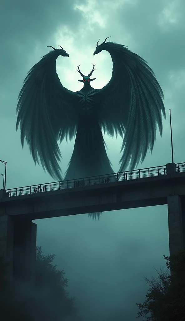 The Mothman perched on the edge of the Silver Bridge, his wings spread wide, watching as the structure crumbles beneath him 