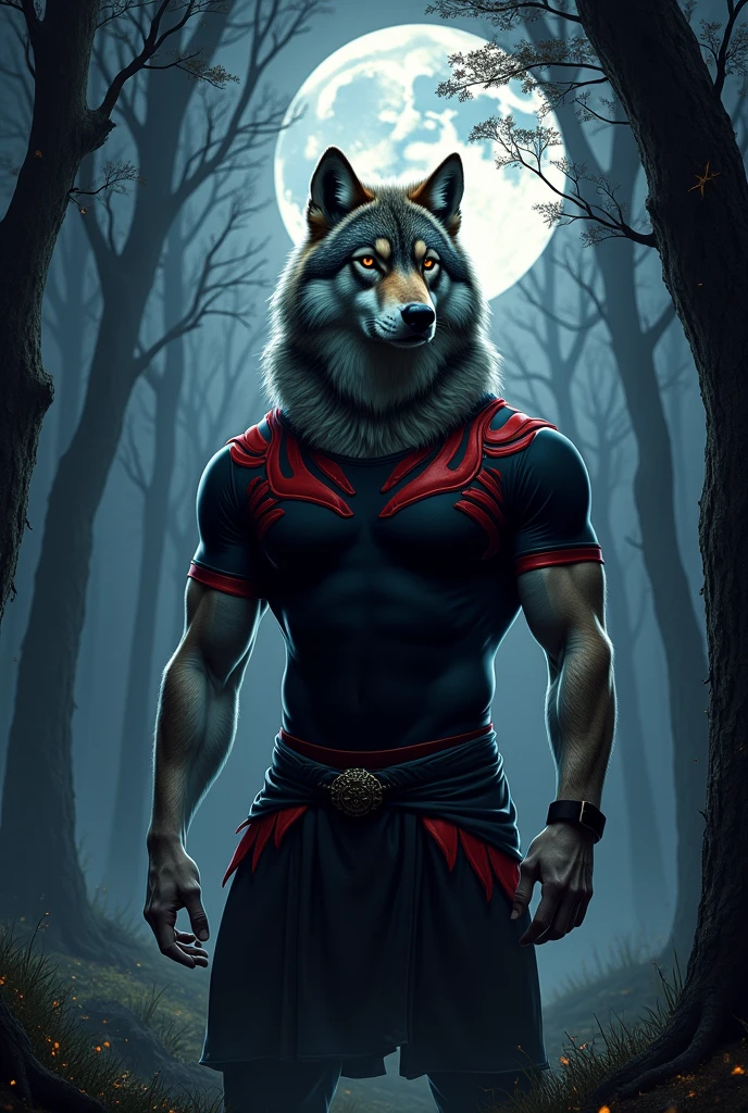 A strong wolf with a black shirt with red and white details in the middle of the shirt
