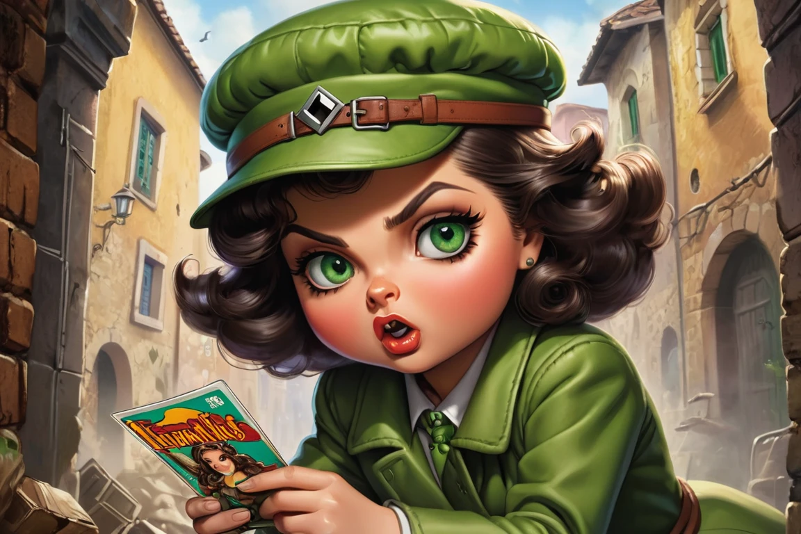 An illustration of a Garbage Pail Kids trading card featuring a quirky, exaggerated depiction of a sensual Italian brunette woman with green eyes as an Allied spy during World War II. The character, dressed in a sleek, vintage spy outfit, blends into the opulent yet dangerous world of espionage, with elements of 1940s style, such as a trench coat, fedora, and hidden weapons. She is on a covert mission to take down Nazi Germany, and the scene captures her in a tense, shadowy environment reminiscent of wartime Europe. The background hints at a Nazi-occupied city, with dark alleyways, dimly lit streets, and ominous Nazi symbols in the distance. Her expression is a mix of determination and cunning, with exaggerated features like large, expressive green eyes. The illustration blends the seriousness of the war setting with the exaggerated, slightly gross-out humor typical of Garbage Pail Kids, creating a unique and intense scene that captures both the high stakes of espionage and the playful absurdity of the trading card series
