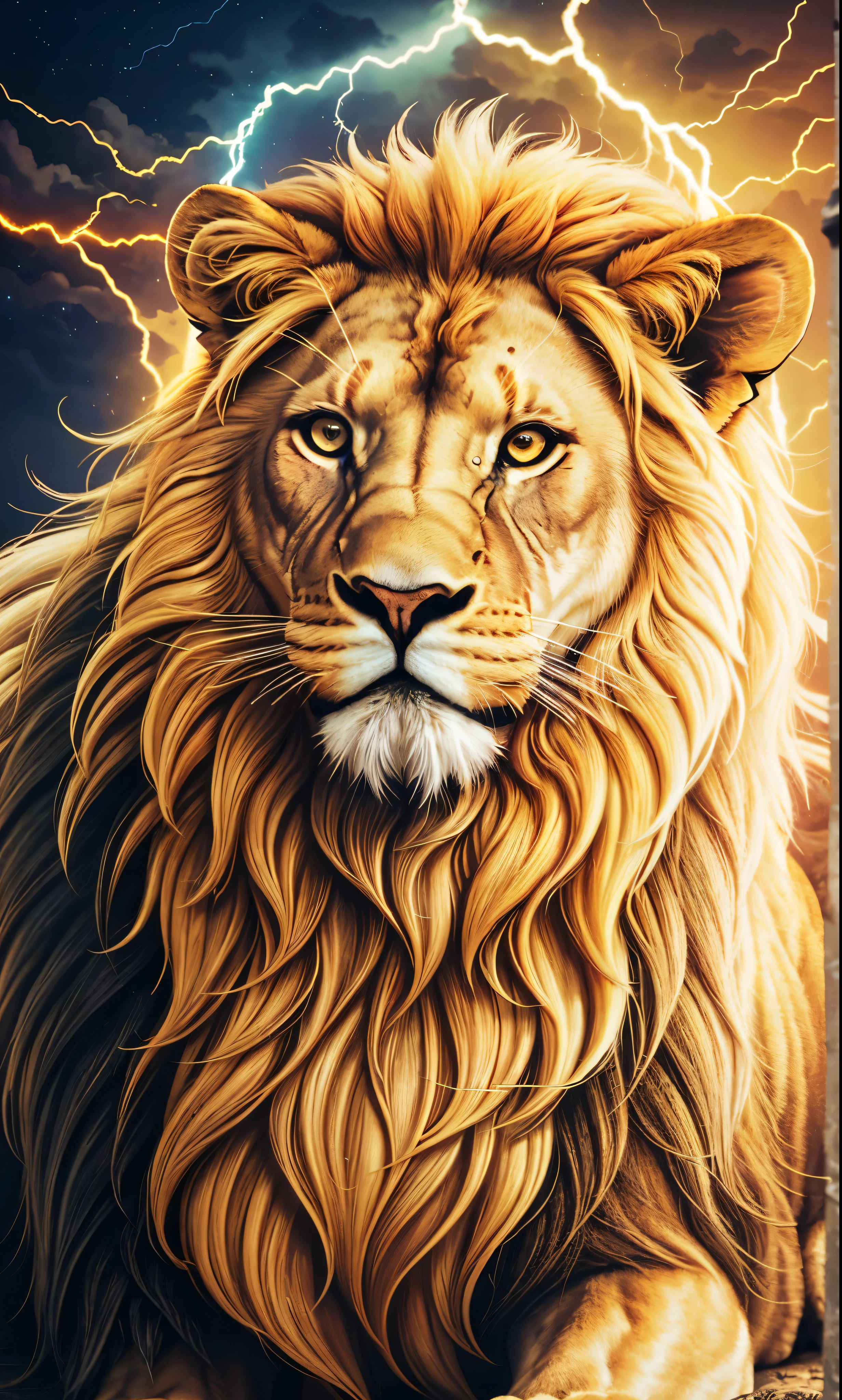 Lion, Divine Lion, naturals, thunder, Realistic Lion, rey, realistic detailed, sunset light, sky, Sol noturno, realistic detailed 16K, Eletricidade Detalhada 8k, darkness background, Texturas realistas de 8k, Cores photorrealistic 8k, fire azul, realistic detailed Fire Bolt, sky Light Detailed, Power of thunder, Divine realistic, gold color, our divine, golden light, naturey, Linda, Rendering, photorrealistic, UltraHigh definition, 4K, detailed textures, thunder, detailed shadows, detailed colors, neon blue, blue light, lightnings, blue power, naturey Linda, Great Divine, peaceful face, naturalss, lightning, Electric power screw, detailed contrast, realistic contrast, high resolution, detailed colors, fire, villany, divine creature, 8k FullHD, realistic detailed, 16K, 8k, High definition, detailed contrast, realistic contrast, high resolution, detailed colors, fire, villany, divine creature, 8k Realistic Lion Face, realistic detailed, posh, elegance